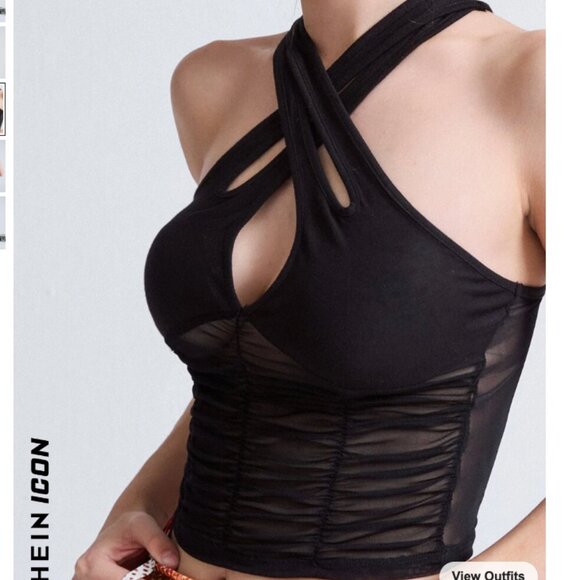 SHEIN ICON Criss Cross Cut Out Front Mesh Panel Halter Top NWOT - Picture 2 of 5